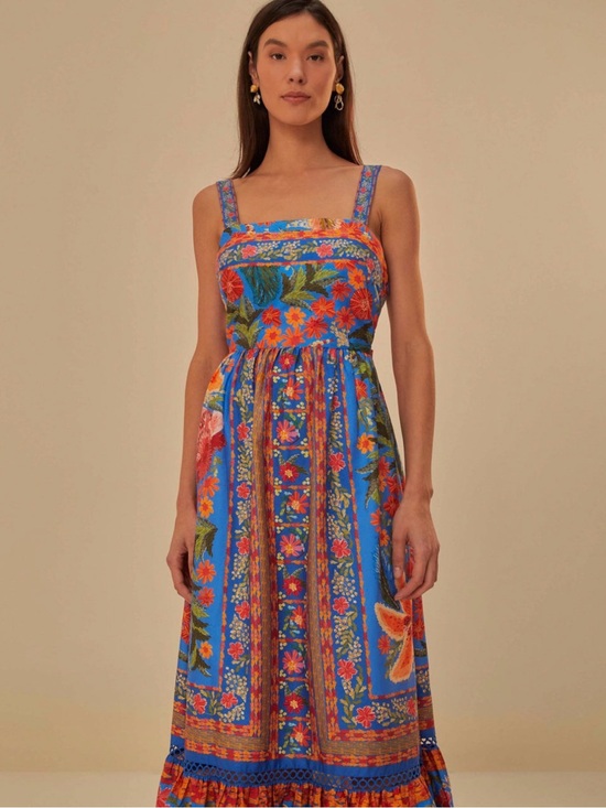 FARM Rio Dresses & Skirts - FARM Rio Blue Floral Maxi Dress with Orange and Pink Accents